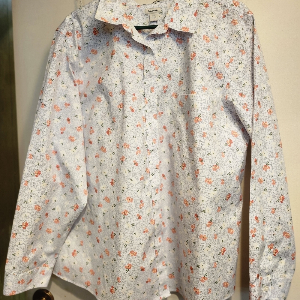 L.L. Bean Women's Button Down Shirt - White with Orange Floral